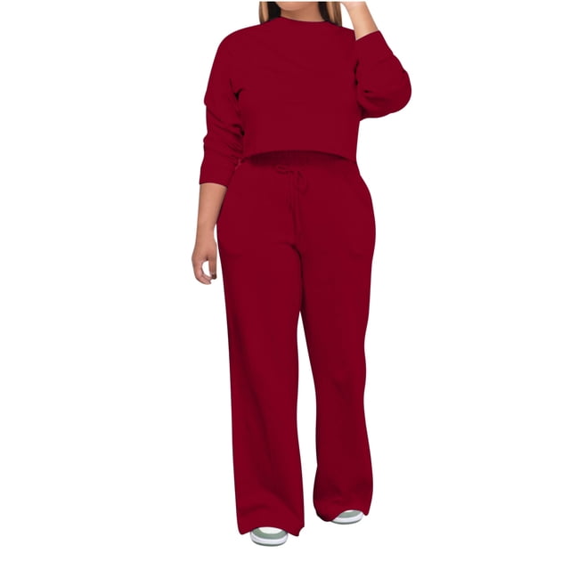 Besolor Womens Spring Fall Sweatsuit 2 Piece Outfits Crewneck Crop Sweatshirts and Wide Leg Pants Jogger Set Loungewear