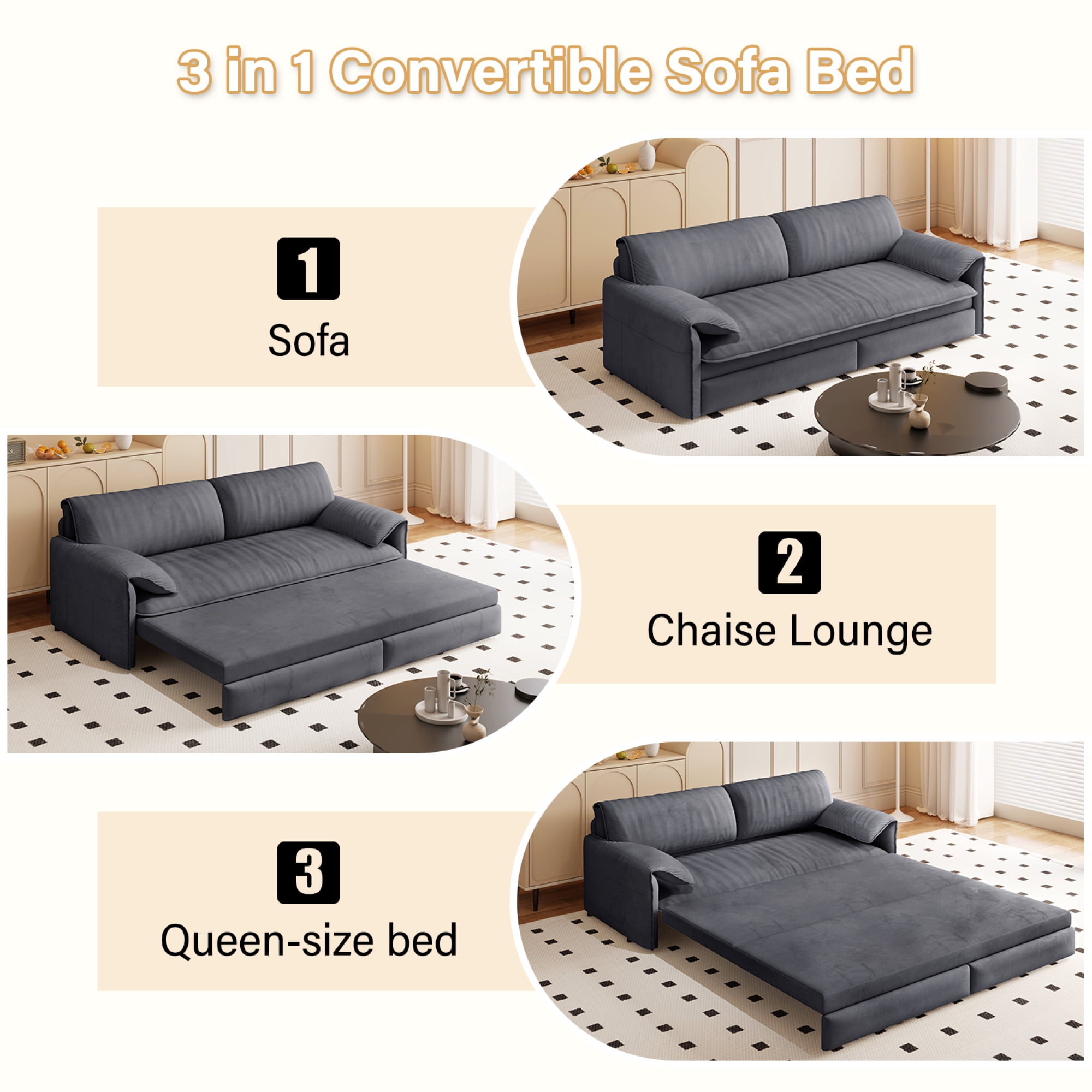 HOQBN Queen Pull Out Sofa Bed, 3-in-1 Convertible Sleeper Sofa with Side Storage,66"W Multi-Functional Velvet Loveseat Sofa Bed for Living Room,Grey