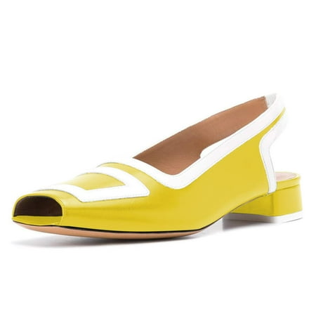 YDN Women Fashion Square Open Toe Low Block Heel Slide Pumps Loafers Slingback Slip On Sandal Office Ladies Dress Casual Summer Shoes Size 8 Yellow