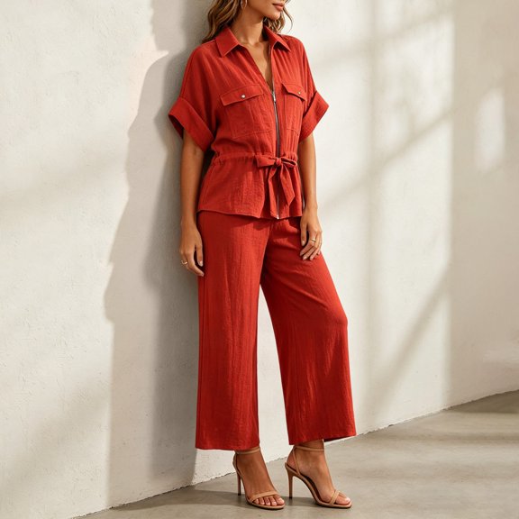 IUYRTFE Women Short Sleeve Button Down Shirt and Wide Leg Pants Set with Pockets Casual 2 Piece Outfit