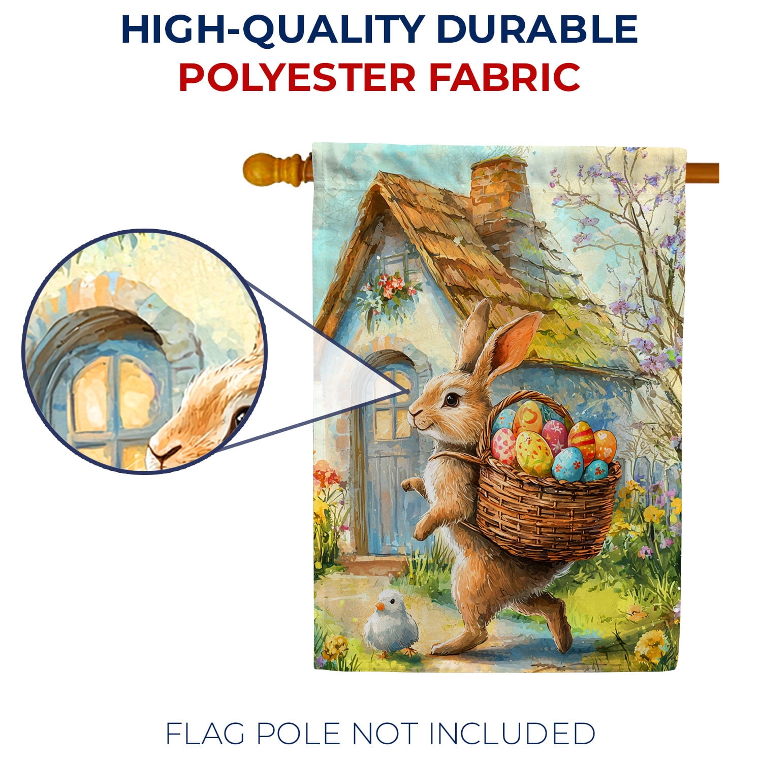 America Forever Easter Bunny Cottage House Flag, 28 x 40 inch Double Sided, Rabbit Basket Chick, Spring Storybook Fairytale, Traditional Flag