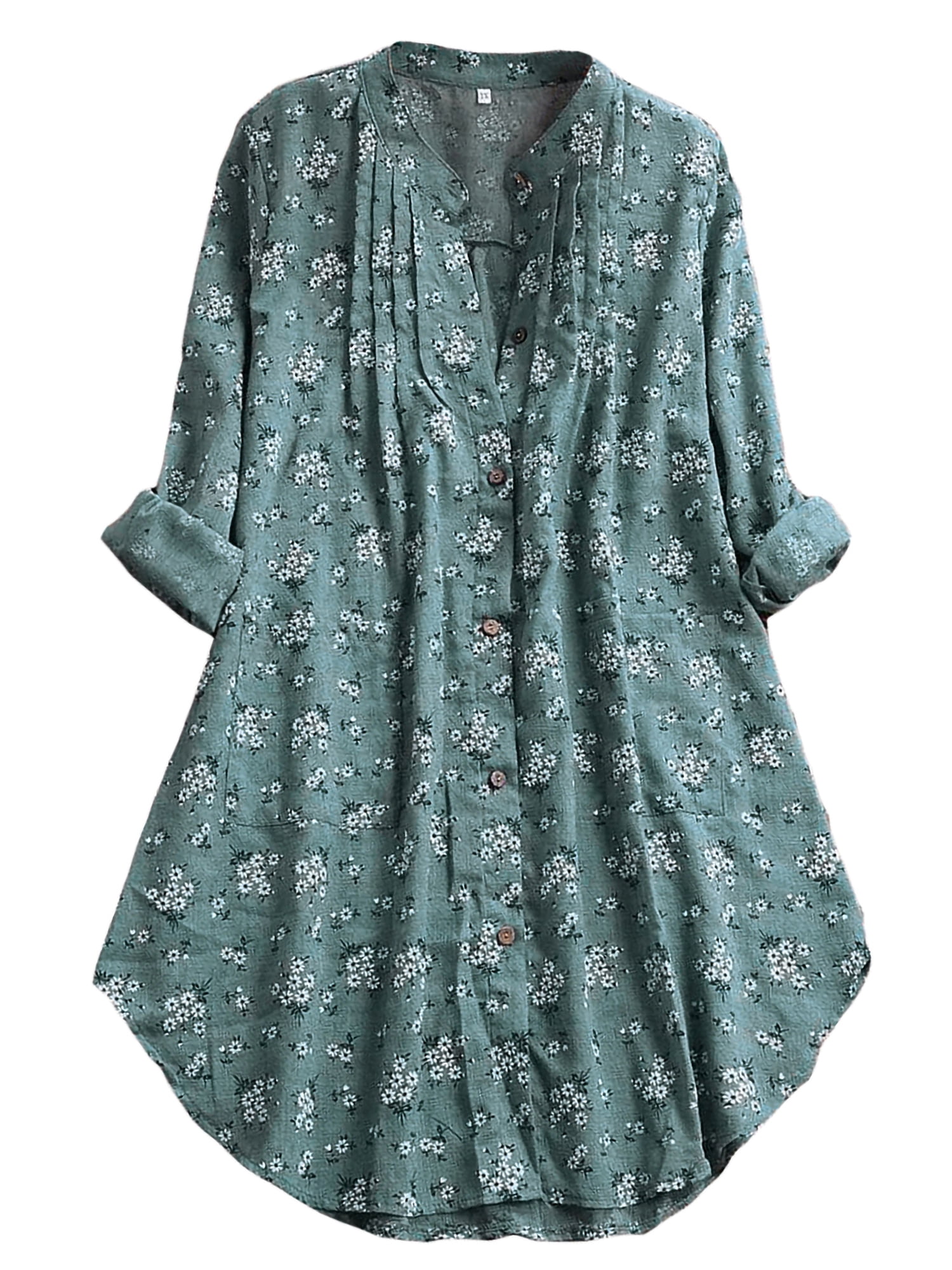 Womens Plus Size Clothes Vintage Cotton Linen Floral Print Blouse Casual Loose Long Sleeve Tunic Top Pockets M-5XL 