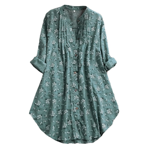 Oucaili blusa para mujer, Tops con estampado Floral, cuello Henley, camisas holgadas con botones para mujer, holgada, plisada, a la moda, manga enrollable, cielo