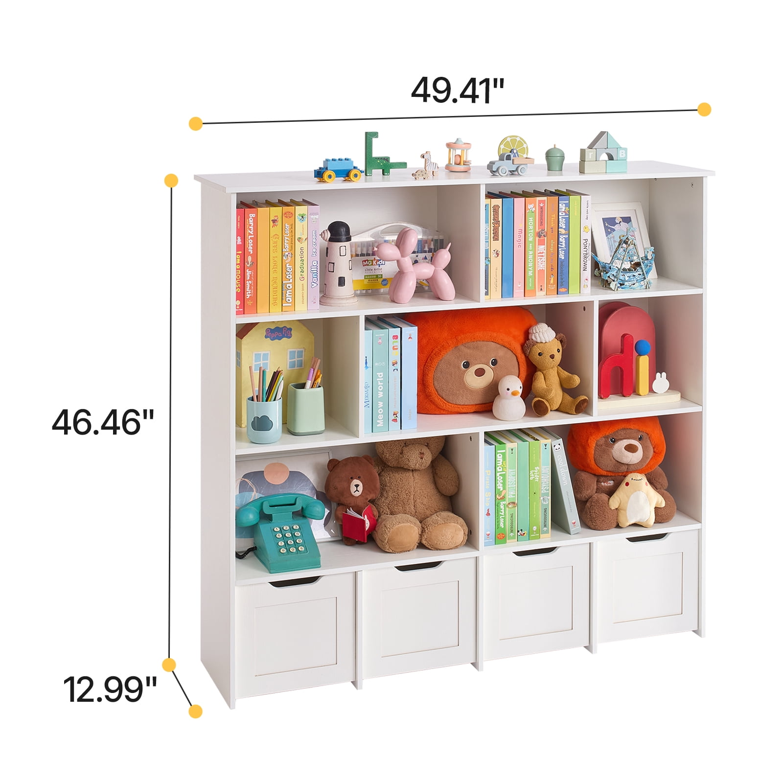 KFFKFF Wooden Kids Storage Organizer with Bookshelf, Toy Cabinet Featuring 4 Movable Drawers, Ideal for Bedroom, Nursery, Living Room, Entryway, or Preschool, White