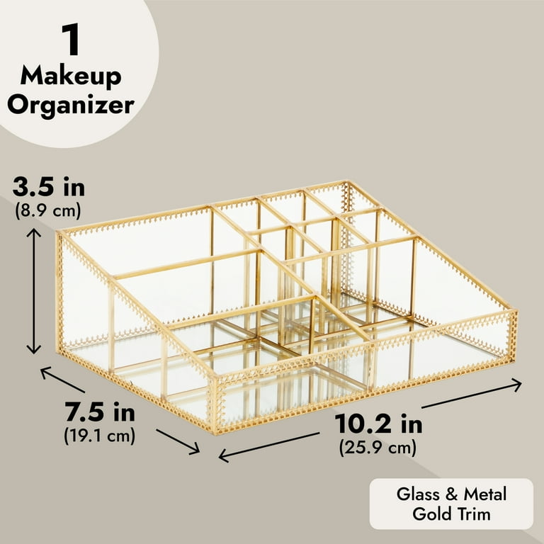 Glamlily Glass Makeup Organizer with Gold Trim for Vanity, Cosmetic Storage (10.2 x 7.5 x 3.5 in)