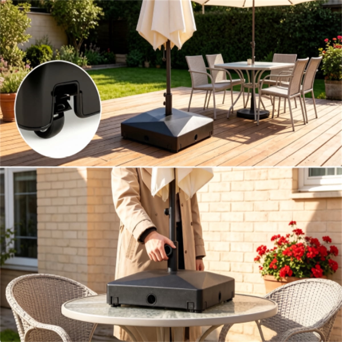 Fillable Patio Umbrella Base with 4 Lockable Rolling Wheels Heavy Duty Water Sand Weighted HDPE Umbrella Stand Universal Umbrella Holder for 6–10 FT Outdoor Patio Umbrella
