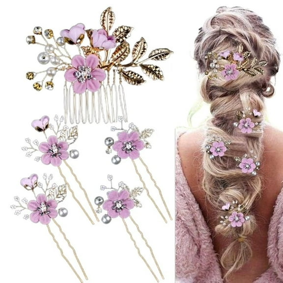 5 PCS Sparkling Bridal Hair Accessories, Rhinestone & Pearl Hairpins Set, Floral Wedding Hair Clips for Women, Lilac Purple Headpiece for Bride Bridesmaids Party