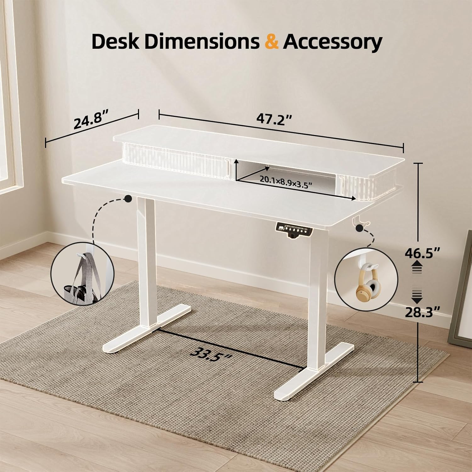 Height Adjustable Electric Standing Desk with Storage Shelves, 48 Inch Table with Built-in Monitor Stand, Sit Stand Desk with 2 Hooks for Home Office, Grey Desktop & Black Frame