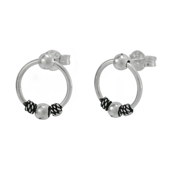 Sterling Silver Ball with Hanging Decorated Circle Hoop Post Earrings