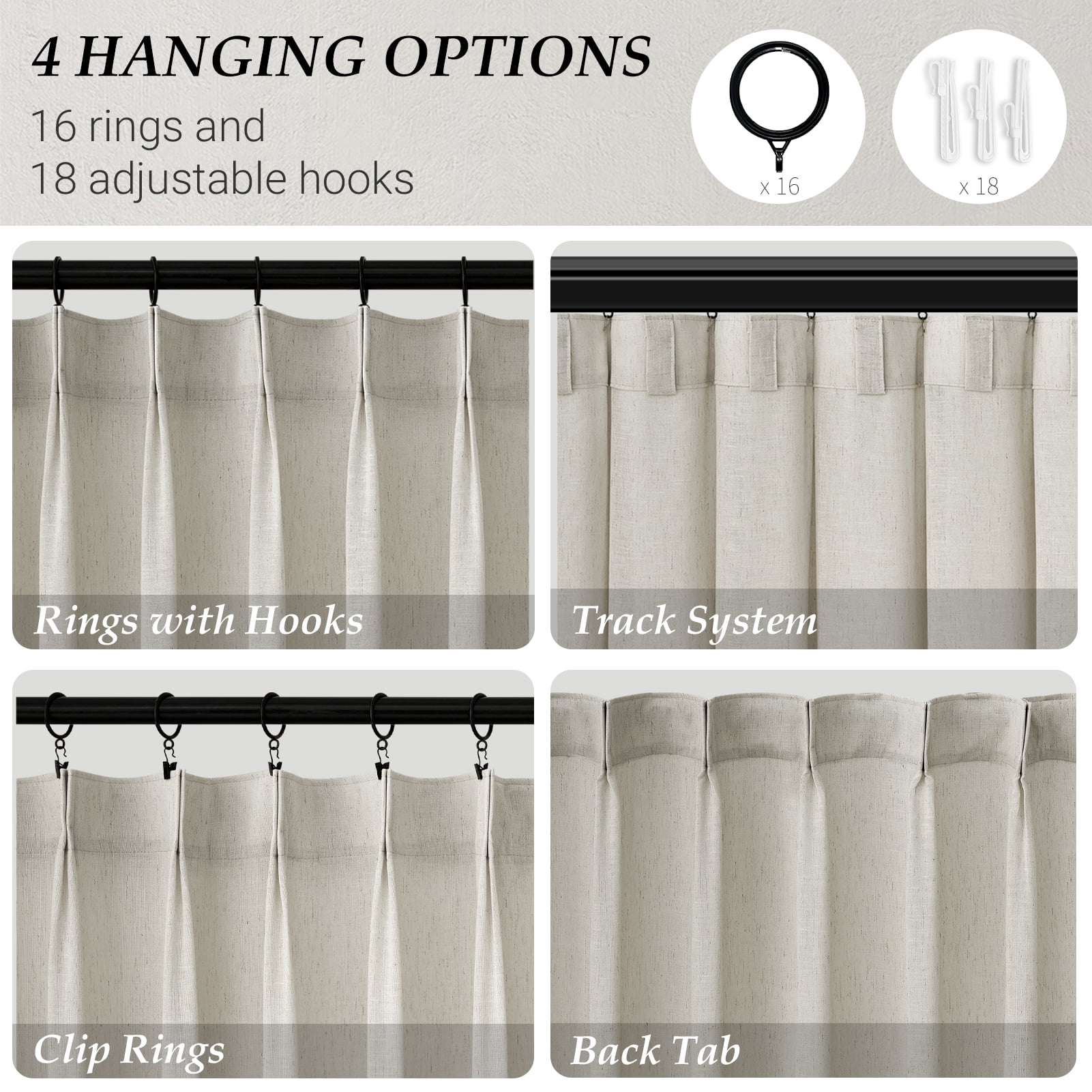 Jainmy Pinch Pleated Linen Curtains, Boho Light Filtering Living Room Bedroom Curtain,Window Treatments with Hook,Oatmeal, 40x96 inch, 2 Panels