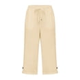 thumbnail image 4 of HongQid Cotton Capri Pants Drawstring Elastic Waist Split Cuff Cropped Trousers Textured Side Pockets Lightweight Casual Bottoms for Women Summer, 4 of 5
