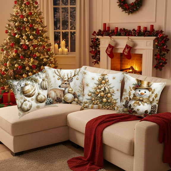 Christmas Pillow Covers Set of 4 18x18 Inch Holiday Decorative Pillow Cases with Hidden Zipper for Sofa Couch Bedroom(Gold)