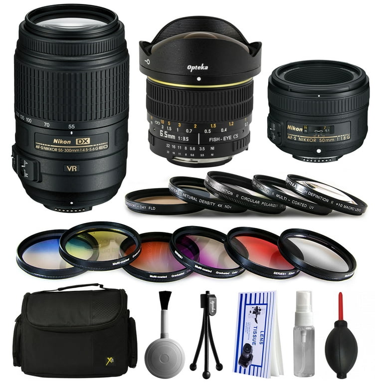 Nikon 55-300mm VR Lens + 50mm f/1.8G + 6.5mm f/3.5 Fisheye Lens