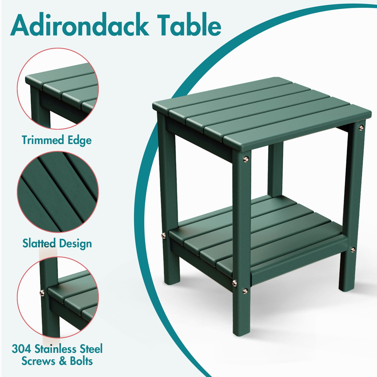 Hidpriva Set of 2 Adirondack Outdoor Side Table, 2-Tier HDPE Weather Resistant Patio End Table, Dark Green