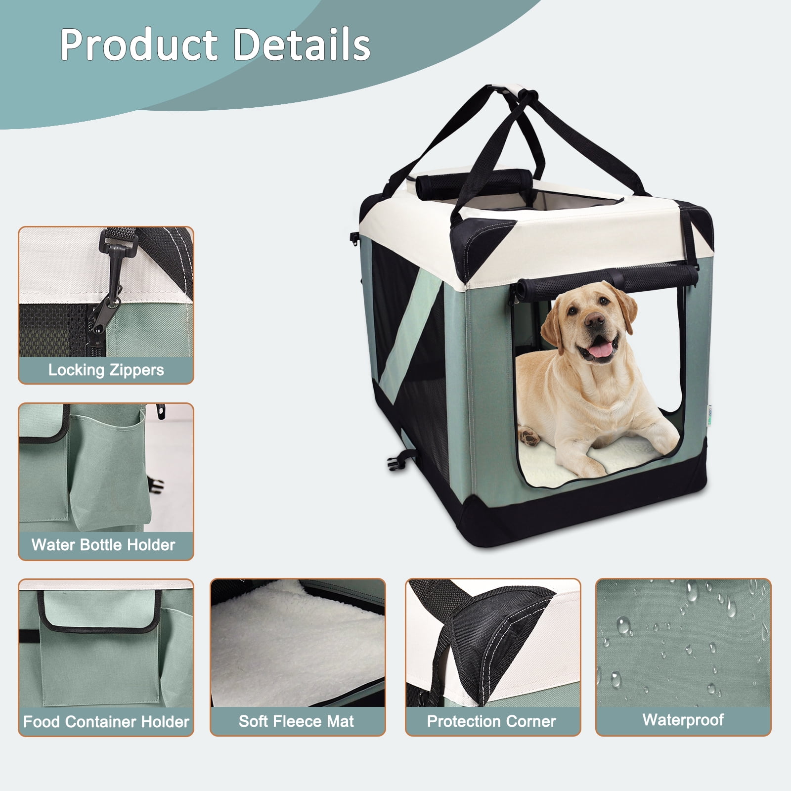 ZAKAPAWS Collapsible Soft Dog Crate, Portable 3 Door Dog Kennel, Travel Pet Crate Carrier for Indoor and Outdoor (Shale Green, 24" L x 16.5" W x 16.5" H)