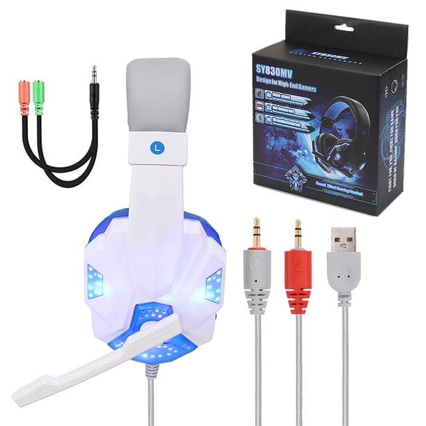 Bearachild Auriculares para juegos de graves ajustables, consola de juegos de ordenador profesional, sonido envolvente estéreo, auriculares para juegos con Cables de audio/vídeo blanco azul Luz