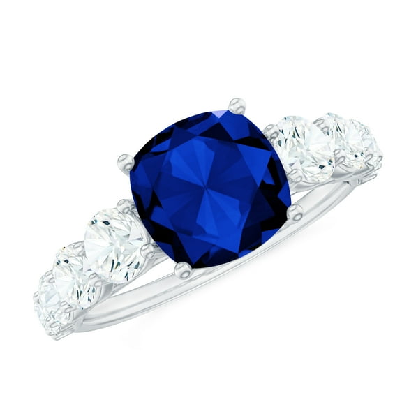 Rosec Jewels Cushion Cut Created Blue Sapphire Ring with Moissanite Side Stones (8 mm), 925 Sterling Silver, US 4.00