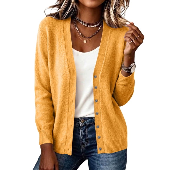 Wyongtao Womens Button Up Sweaters Soft Knitted V Neck Long Sleeve Solid Color Cardigan Casual Dressy Fall Winter Tops (XS, Yellow)