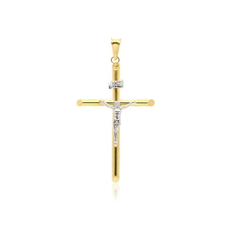 14kt White Gold Cross Crucifix - 14k Yellow & White Gold Two-Tone Jesus Crucifix Cross Pendant 1.2