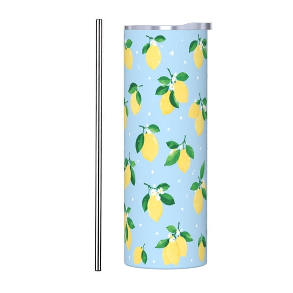 20oz Lemon Pattern Tumbler Insulated Car Cup Summer Fruit Travel Coffee Cup Gift for Women with Stainless Steel Straw