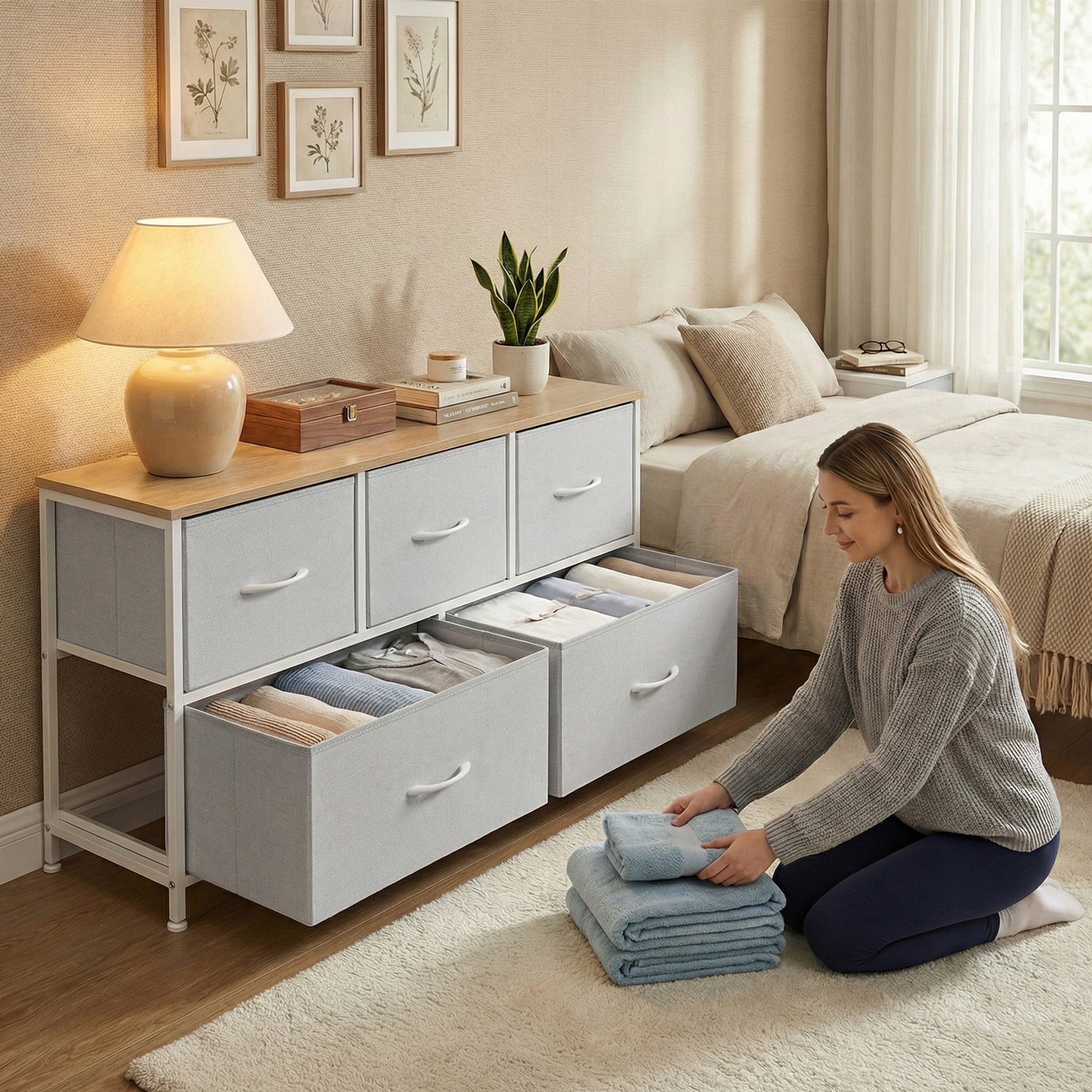 CONCETTA Dresser 5 Fabric Storage Drawer Dresser, TV Stand, Chest of Drawers for Bedroom, Closet, Entryway, Living Room, Light Gray