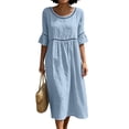 thumbnail image 2 of Kilaqueen Cotton Linen Dresses for Women, Half Sleeve Round Neck Empire Waist Loose Midi Summer Dress for Beach Vacation Brunch and Casual Daily Wear, 2 of 6