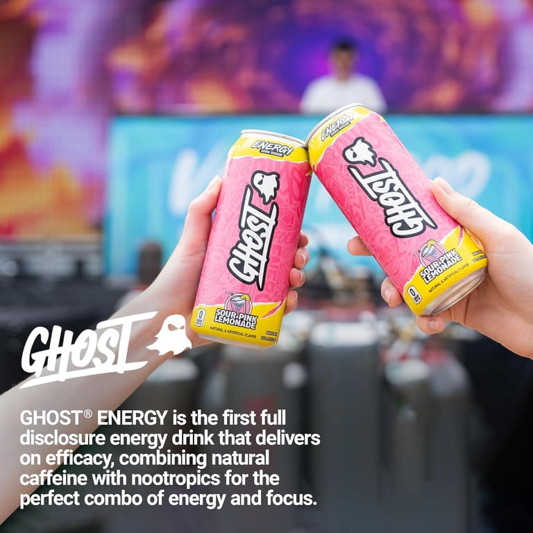 GHOST, Zero Sugar Energy Drink, Sour Pink Lemonade, 16 oz Can, 12