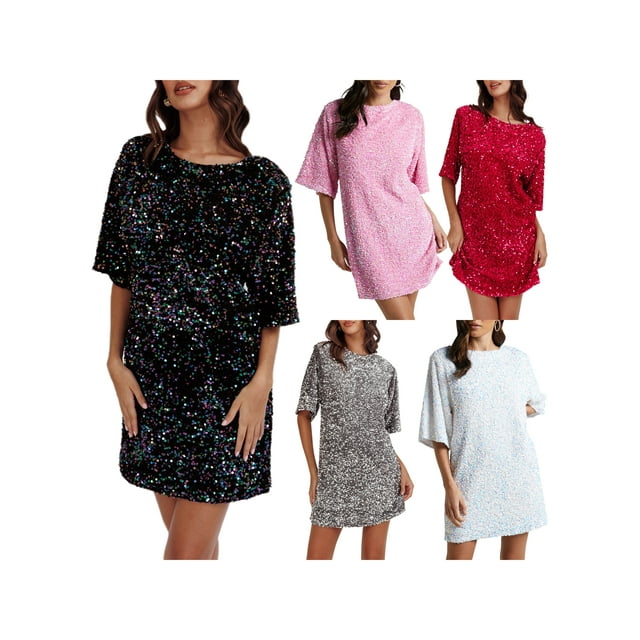 SUNSIOM Robe Courte à Paillettes Scintillantes pour Femme, Robe de Fête/Boîte de Nuit, Décontractée, Ample, Manches Courtes, Dos à Nouer, Robes à Paillettes