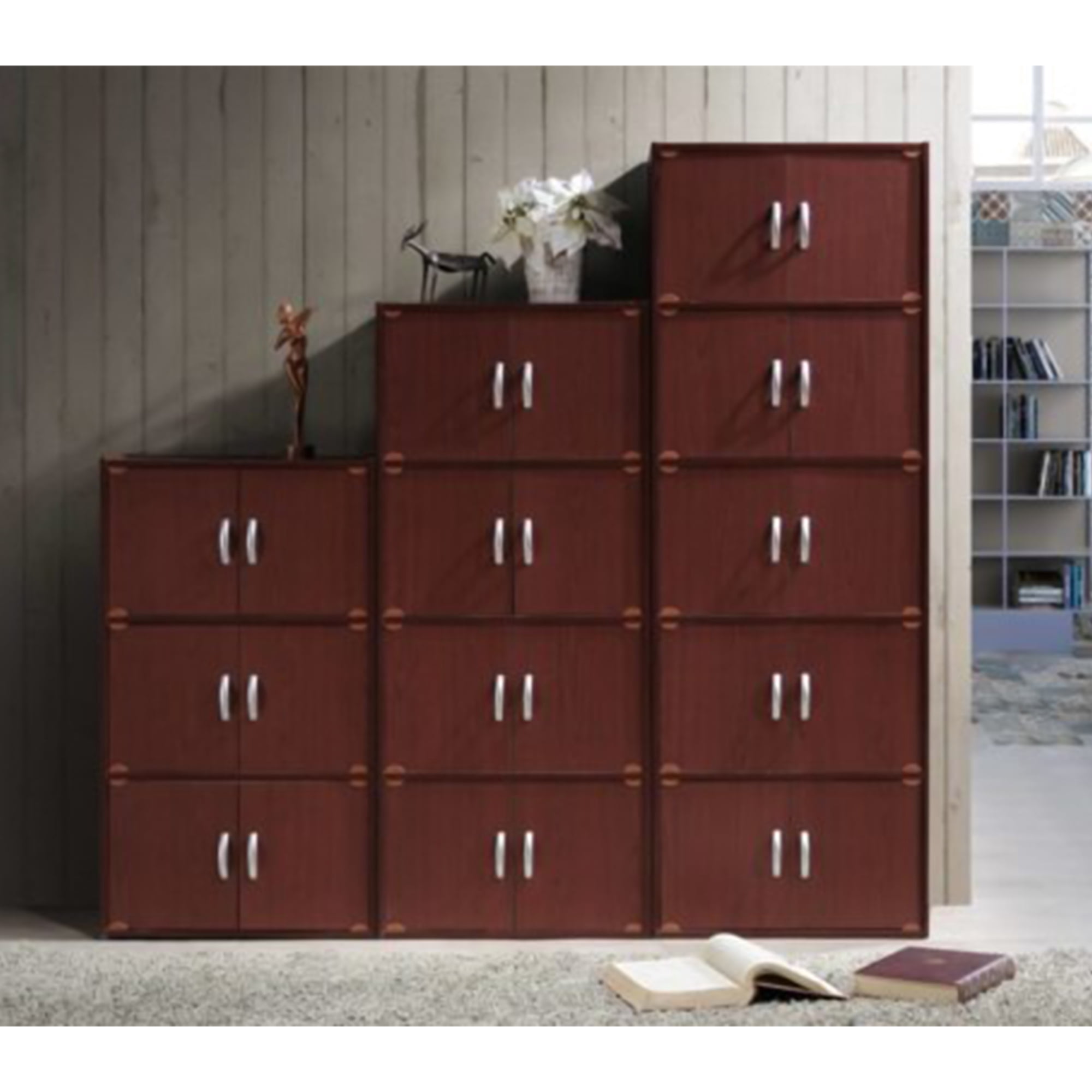 Hodedah 3 Shelf 6 Door Multi-Purpose Wooden Bookcase in Mahogany Finish