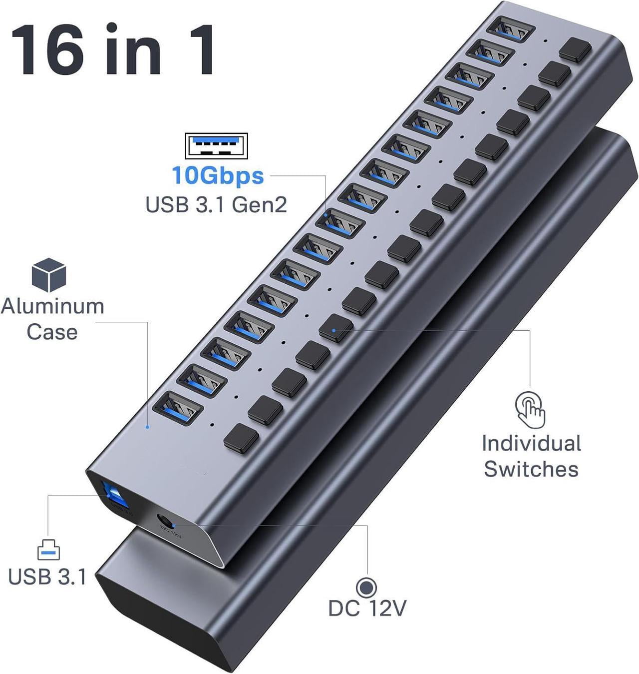 Powered USB 3.1 Hub, 16 Ports USB 3.1 Hub with 10Gbps Data Speed,Aluminum Housing, USB Hub Powered with 90W Power Adapter, USB Hub for PC/Laptop, Computer, Flash Drive, Printer, Camera