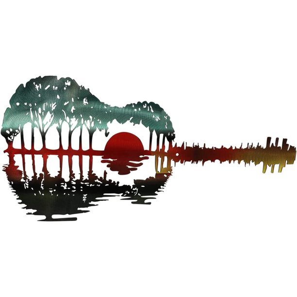 17X8 Inches Abstract Multicolor Guitar Metal Wall Art Bar Dining Room