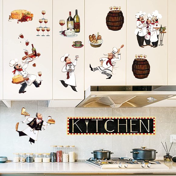 Décalcomanie Chef Cuisine Autocollants Muraux Gâteau au Vin Cuisine Salle à Manger Restaurant Décoration Murale