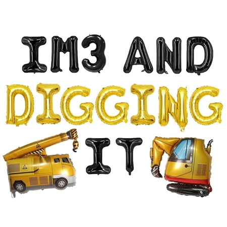 I'm Three And Digging It Balloon，Dump Truck 3rd Birthday Balloon Banner Decorations，3rd Construction Party