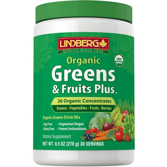 Fruit and Veggies Supplement | 9.5 oz Powder | Organic Greens Drink Mix | Vegan, Non-GMO, Gluten Free | by Lindberg