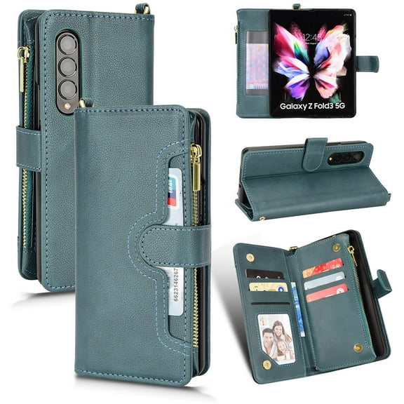 Zipper Wallet Case Compatible Samsung Galaxy Z Fold 4.PU Leather Magnetic Card Slots Shockproof Zipper Pocket Flip Cover for Samsung Galaxy Z Fold 4 7.6 inch,Green