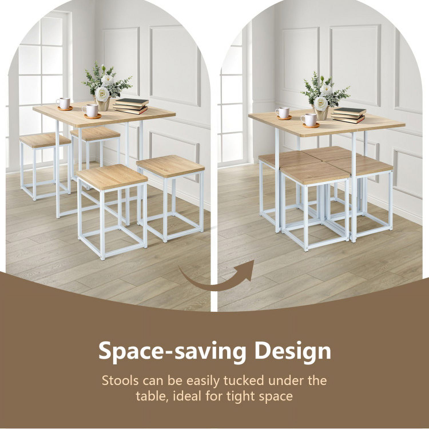 Finihen Dining Set, Dining Table Set, 5 Pieces Metal Frame Dining Set with Compact Dining Table and 4 Stools, for Home, Restaurant, Natural Finihen Dining Set, Dining Table Set, 5 Pieces Metal Frame Dining Set with Compact Dining Table and 4 Stools, for Home, Restaurant, Natural
