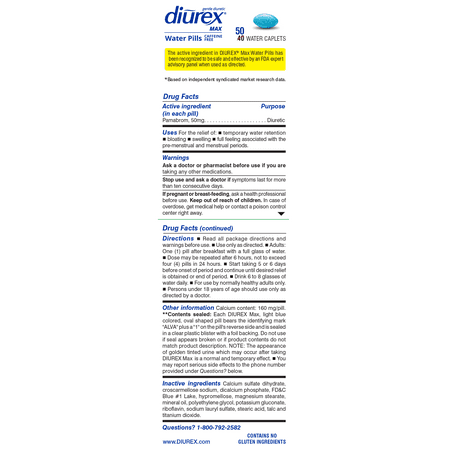 Diurex Caffeine Free Water Pills, Maximum Strength Caffeine Free Diuretic, 50 Count