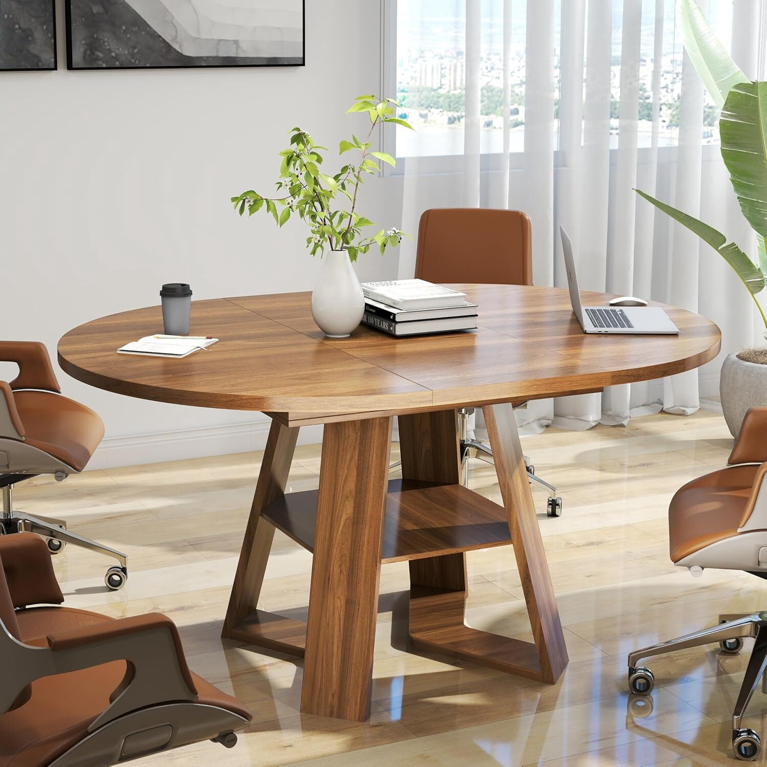 Extendable Round Dining Table for 4-6, Modern Kitchen Oval Dining Table with Removable Leaves for Living Room, Walnut