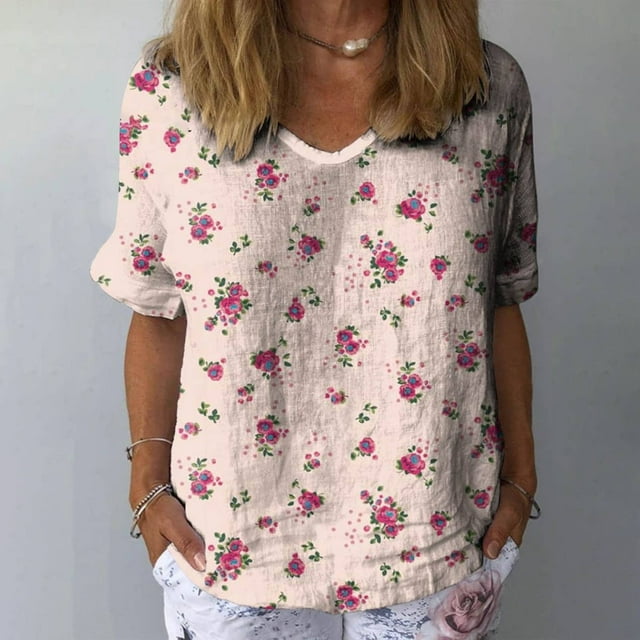 YLHFASHION Chemise à Manches Courtes pour Femmes en Coton et Lin à Motif Floral, Col en V, Clause, Rabais de 50 % Liquidation T-shirt à Manches Courtes pour Femmes