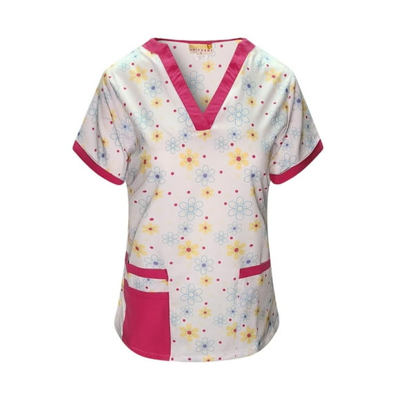 Pepino Uniforms Printed Pinkn' Yellow Daises V-Neck Scrub Top