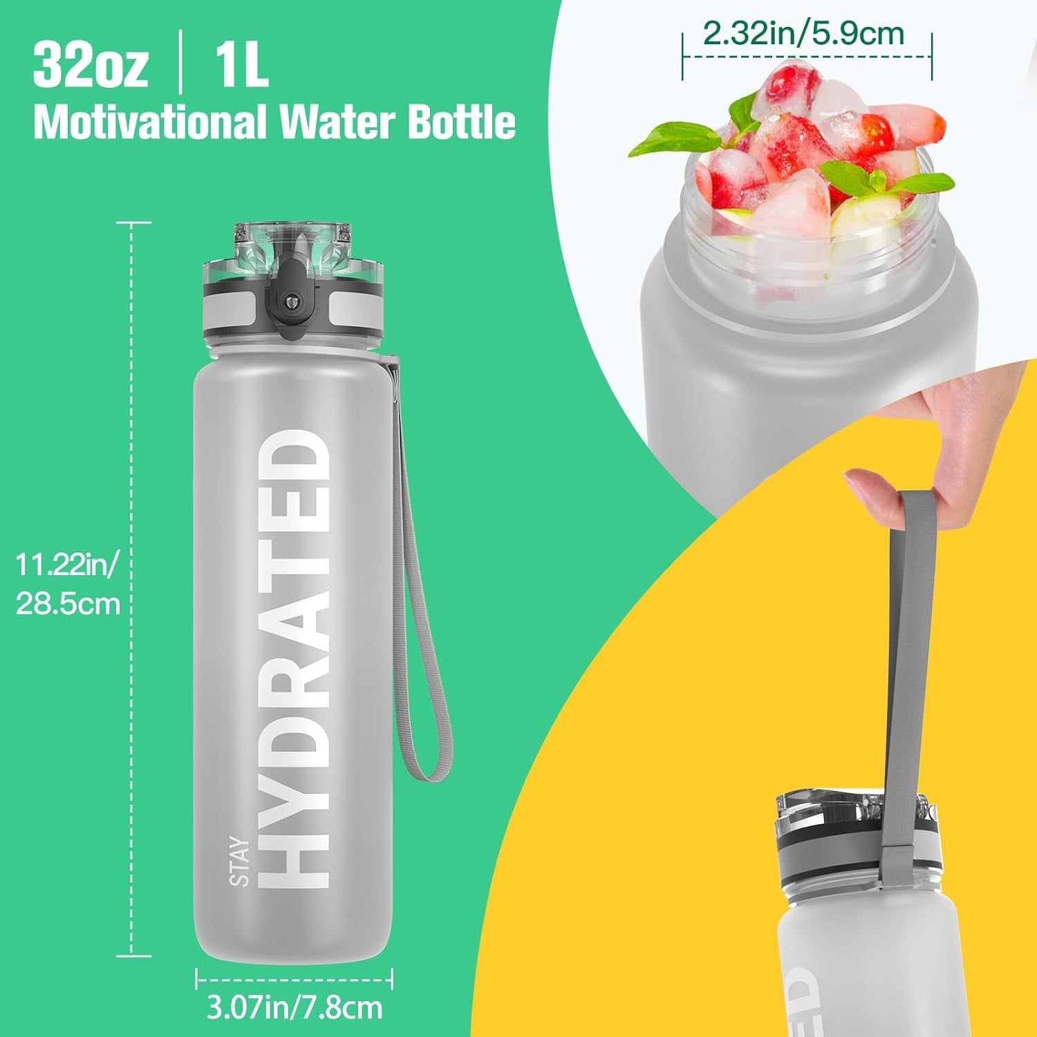 Water Bottle 32oz, Durable and Leakproof Water Bottles Motivational with Time Marker, Tritan, BPA Free, Wide Mouth with Easy Clean Brush for Gym, Travel, Home, School, Office (1 Bottle)