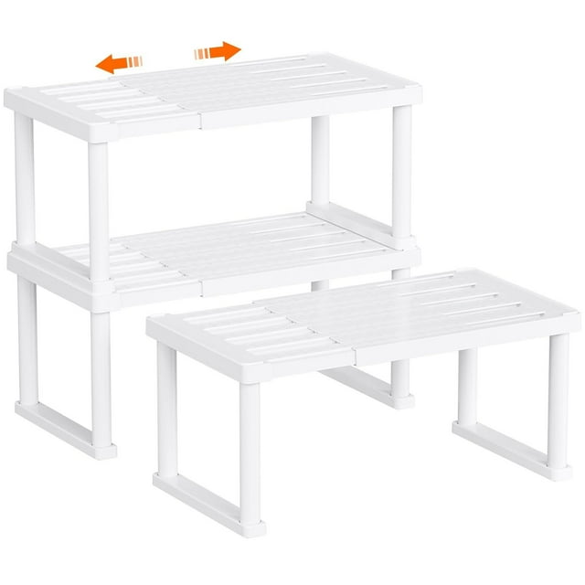 Organizador de estantes para gabinete, estantes de plástico expandibles para encimera de cocina, despensa y especiero, juego de 3, blanco