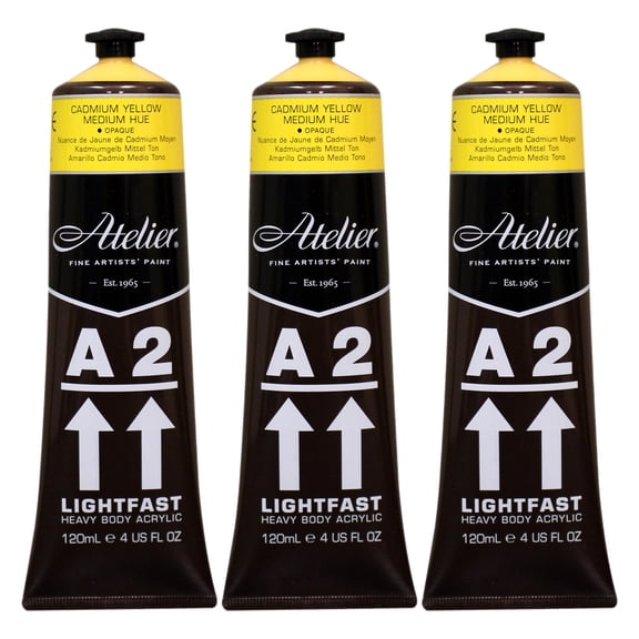 Atelier A2 Heavy Body Lightfast Artist Acrylic, 4 oz., Cadmium Yellow Medium Hue, Pack of 3