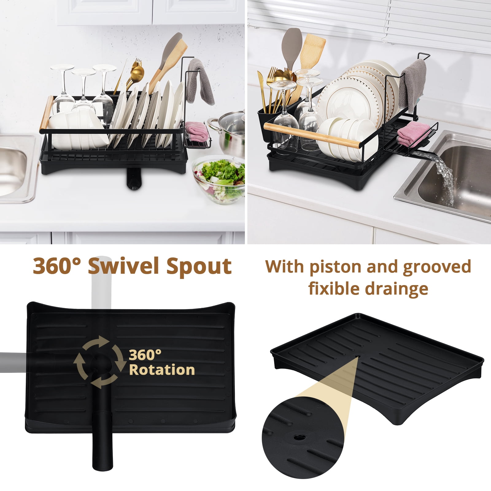Dish Drying Rack, Dish Drainers for Kitchen Counter Dish Rack with Dishcloth Holder Kitchen Drying Rack 16L * 12W inches, Black