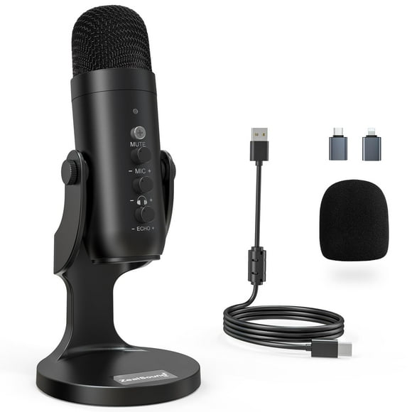 ZealSound USB Microphone,Condenser Computer PC Mic,Plug&Play Gaming Microphones for PS 4&5.Headphone Output&Volume Control,Mic Gain Control,Mute Button Vocal,YouTube Podcast on
