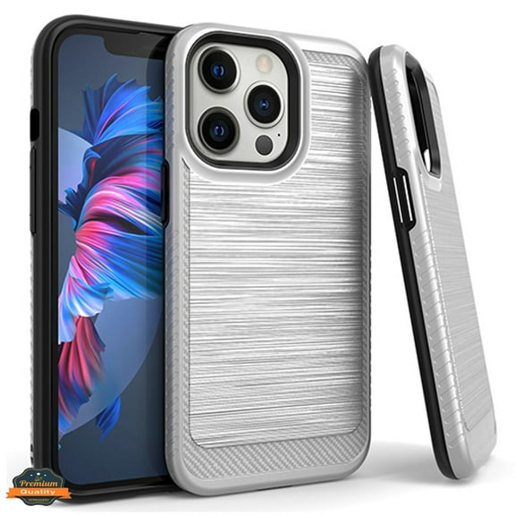 Xpression Case for Apple iPhone 13 (6.1") Armor Brushed Texture Rugged Carbon Fiber Design Shockproof Dual Layers Hard PC   TPU Protective Phone Cover [Silver]
