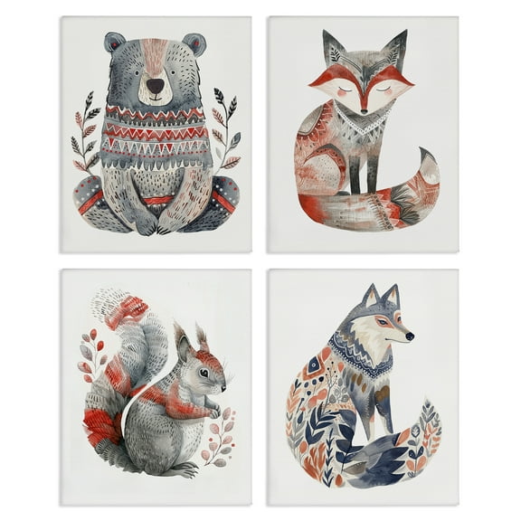Stupell Industries Scandinavian Forest Animals Animals Painting Wrapped Canvas Art Print Wall Art, 14 x 11, Set of 4