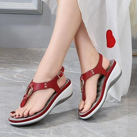 

cllios Wedges for Women Thong Sandals with Buckle - Ladies Vintage Summer Fashion Flip Flop Sandals