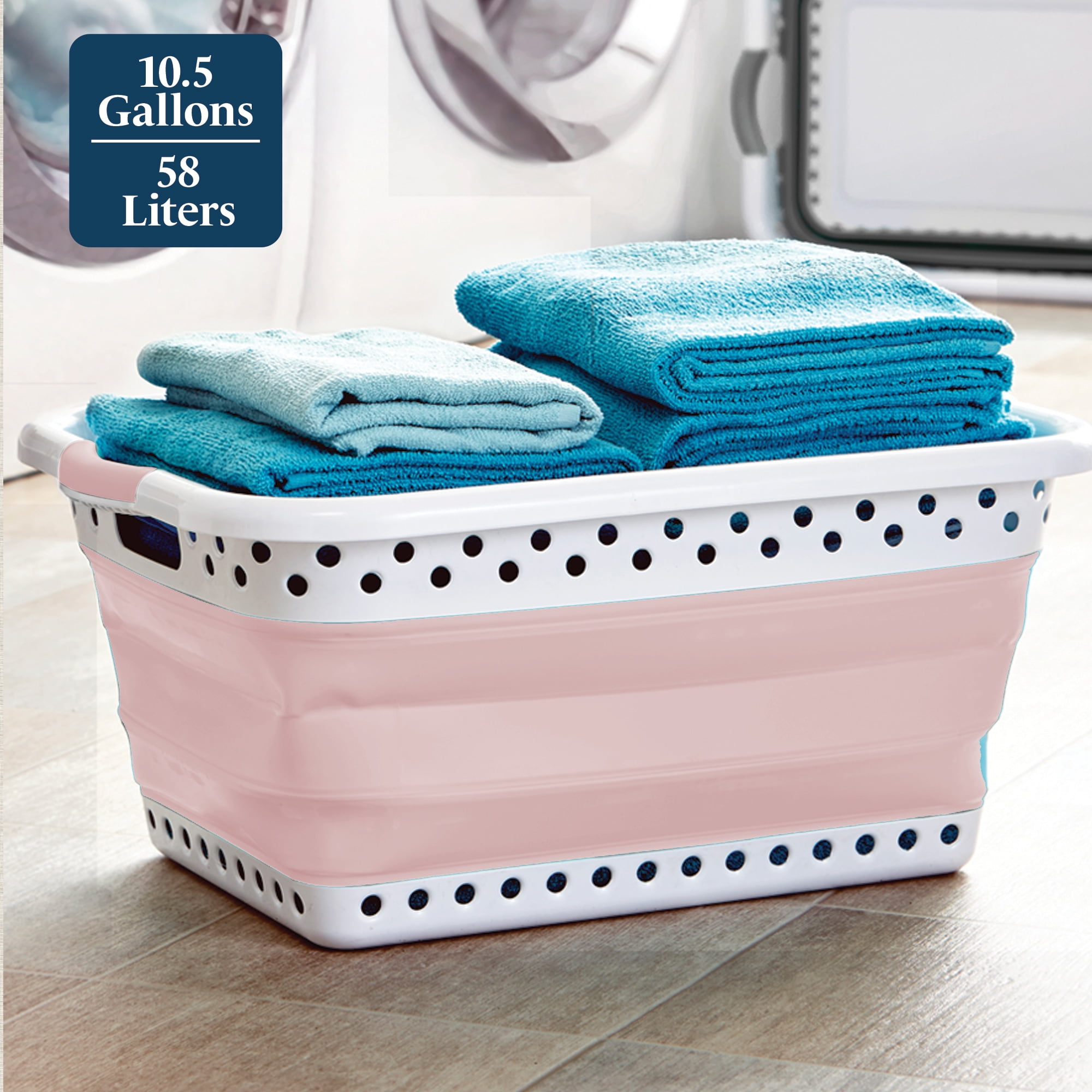 Blue Door Collapsible Laundry Basket Portable Pop Up Plastic Laundry Hamper with Dual Grip, 10.5-Gallon Pink 2pk