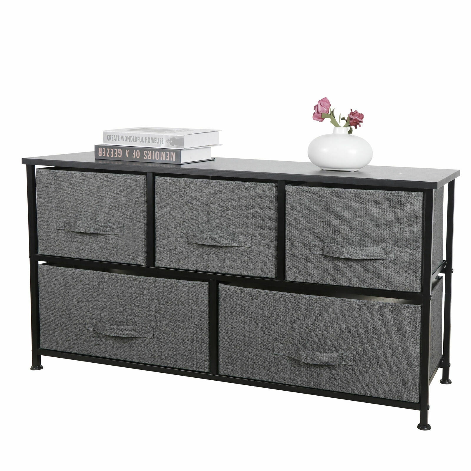 ZENY 5 Drawer Fabric Dresser Chests Wide Storage Tower Organizer Unit for Bedroom Livingroom Closet Hallway, Dark Grey